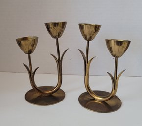 Vintage MCM 60s Gunnar Ander Ystad Metall Modernist Brass Twin Tulip Candle Holders Sweden