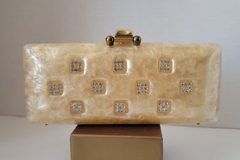 Y'all LOOK At This Beauty! Vintage 40s-50s Pearlized Lucite And Rhinestone Clutch Brass Hardware Perfect!