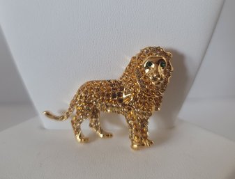 Roar! Vintage 90s Monet Gold Tone And Rhinestone Lion Brooch Excellent Condition