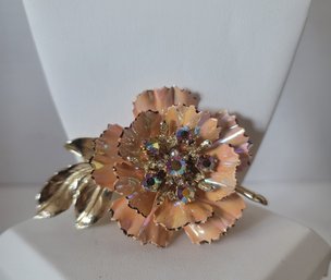 Gorgeous Vintage 50s Coro Peach Opalescent Enamel And AB Rhinestone Floral Brooch Great Condition