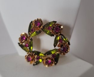 Stunning MC Olive Green And Pink Rivoli Rhinestone Gold Tone Brooch Excellent Condition