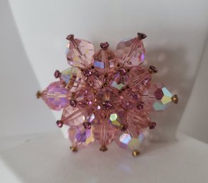 Pretty In Pink!  Vintage 50s Pink AB Faceted Crystal Cluster Brooch With Amethyst Rhinestones Excellent Cond