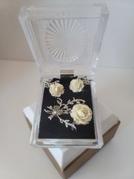 Vintage MC NWOT Signed Coro Demi Parure  Carved Celluloid And Marcasite Rose Brooch And Earring Set Exc Cond