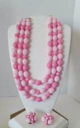 How Could You Not Love This Fun Set! Vtg MC Two Tone Pink Lucite Triple Strand Demi Parure Earrings And