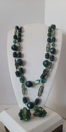 Very Unique Vintage W German Green Lucite And Rhinestone Dbl Strand Demi Parure Necklace And Earrings Set