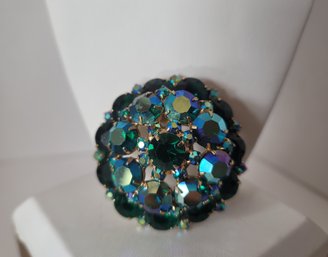 Gorgeous Huge Vintage 50s Emerald And AB Rhinestone 3D Brooch Excellent Condition