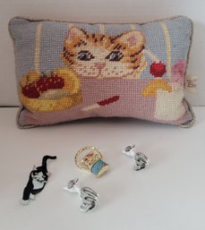 Where's My Kitty Lovers! Vintage Needlepoint Accent Pillow And Brooch Lot Incl Gerry's Great Condition