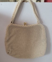 In Amazing Condition! Vintage 50s Corde Bead Ivory Beaded Hand Bag With Kiss Lock