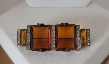 Beautiful Antique Faux Amber And Clear Rhinestone Brooch With Fleur-de-lis Prongs Great Condition