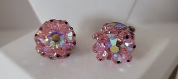 Beautiful Vintage 60s Signed Hobe Pink AB Rhinestone Earrings Excellent Condition