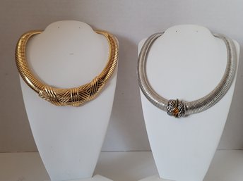 Vintage 80s Gold And Silver Tone Choker Necklace Lot Including Signed Gallery Original Excellent Condition