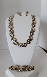 Vintage 50s Monet Fancy 6&9 Silver Tone Parure Set Necklace Earrings And Bracelet Excellent Condition