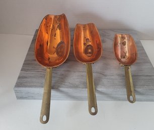 A Little Polish And These Will Be Gorgeous! Vtg MC ODI Solid Copper & Brass Measuring Scoops 2, 3 & 7oz