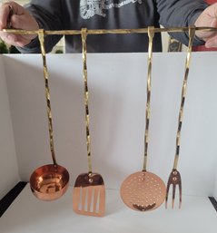 Add These To Your Kitchen! Vtg MC ODI Solid Copper And Brass Utensil Set With Hanger Great Cond. Needs Polish