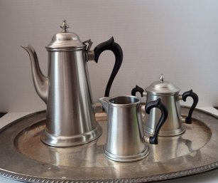 Lovely Vintage 60s Stieff Pewter Coffee/tea Set With Bonus Silver Plated Tray. Org Box. Great Condition!