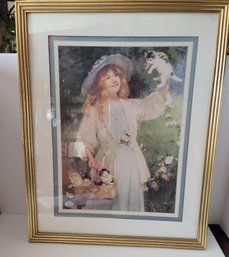 Vintage Girl With Kittens Matted And Framed Print Great Condition 16x20in