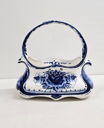 Vintage Porcelain Blue And White Signed Basket