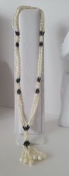 Beautiful Vintage 60s-70s MOP And Onyx Triple Strand Tassel Necklace Excellent Condition