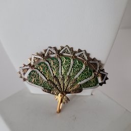 Vintage 50s-60s Damascene Folding Fan Brooch So Cool! Excellent Condition