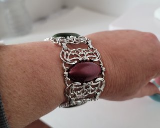 Vintage MC Sarah Coventry Dramatic Wide Silver Tone Filigree And Lucite Bracelet Great Condition