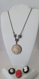 Antique/Vintage Faux Cameo Necklace, Pendant And Brooches That Red One! Great To Excellent Condition