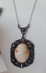 Gorgeous Vintage 30s Art Deco Sterling Shell Cameo Lavaliere Marcasite Paper Clip Chain Necklace