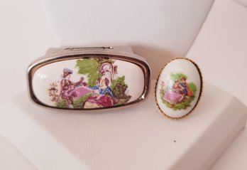 Vintage Fragonard Adj Ceramic Ring And Ceramic Lipstick Holder