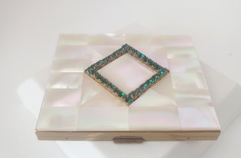 Beautiful Vintage 40s-50s MOP And Rhinestone Mirrored Compact Great Condition Minor Wear