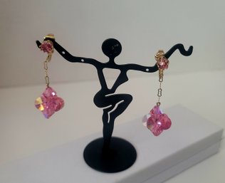 Love These! Vintage MC Pink AB Rhinestone Earrings On Paper Clip Chains EXCELLENT Condition