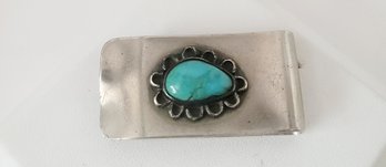 Vintage 70s Nickel Silver And Real Turquoise Money Clip Great Condition Minor Wear