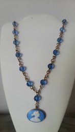 Very Unique Vintage Ceramic Cameo And Blue Glass Necklace With Amazing Link Design Great Condition Minor Wear