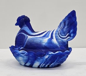 Unique Blue Swirled Glass Vintage Lidded Hen Chicken Bowl