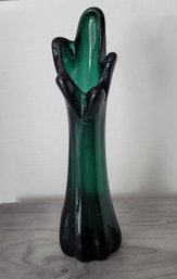 Vintage MCM Emerald Green Swung Glass Vase Great Condition