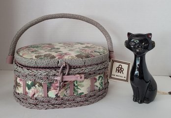 Look At This Set! Vintage NWT Azar Sewing Basket With Notions & MCM Ceramic Kitty Helper Pin Cushion/tape