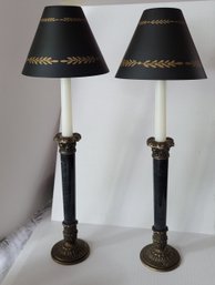 Perfect For Your Mid Century Mantle! Gorgeous Black Toleware Marble And Solid Brass Candlestick Holders