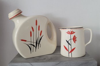 Vtg 30s Harker Pottery Pitcher & 40s Universal Pottery Cattail Water Jug Exc Vintage Condition