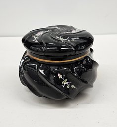 Handpainted Signed Fenton Black Floral Covered Bowl