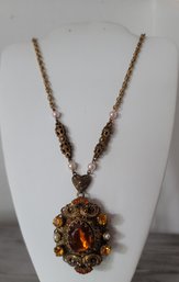 THIS! Gorgeous Vintage 50s Art Nouveau W. German Gold Tone And Rhinestone Pendant Necklace GORGEOUS!