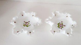 Beautiful Vintage Fenton Violets In The Snow Silver Crest Bonbon Dishes Approx 5x2 Excellent Condition!