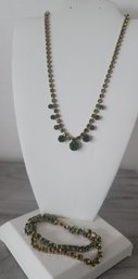 Gorgeous 40s-50s Peridot And Emerald Green Rhinestone Demi Parure Choker And Bracelet Set Exc Cond