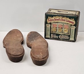 Antique Cobblers Shoe Forms And Metal Public Benefit Boot Company Tin