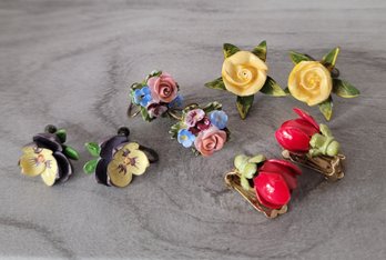 Everything's Coming Up Roses & More! Vintage Floral Earring Lot Incl Coro And Denton England