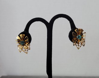 Amazing Condition! Vtg 40s B.N. (Bugbee & Niles) Gold Tone And Aqua Rhinestone Bow Earrings