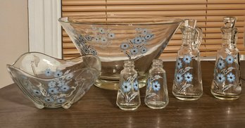 Midcentury Vintage Hazel Glass Blue Floral Bowls, Crusts, S&P