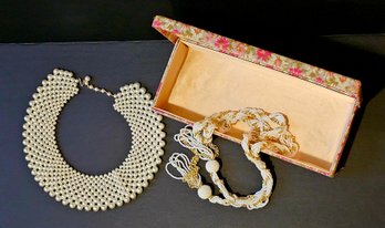 Vintage Faux Pearl Bib Collar Rope Necklace And Floral Box