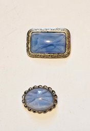 Vintage Blue Glass Brooches In Silvertone Casings