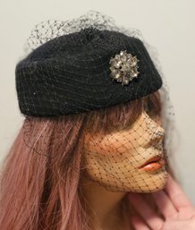 Vintage Black Wool Pillbox Hat Scala With Full Face Fascinator