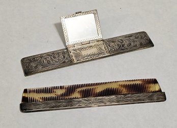 Antique Vintage Silver Comb Case With Mirror And Tortoiseshell Comb