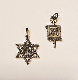 Vintage Sterling Silver Judaica Pendants Inscribed And Marquisite