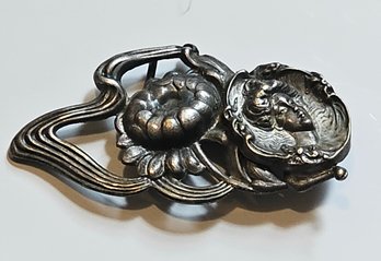 Art Nouveau Lady Head And Floral Sterling Silver Belt Buckle